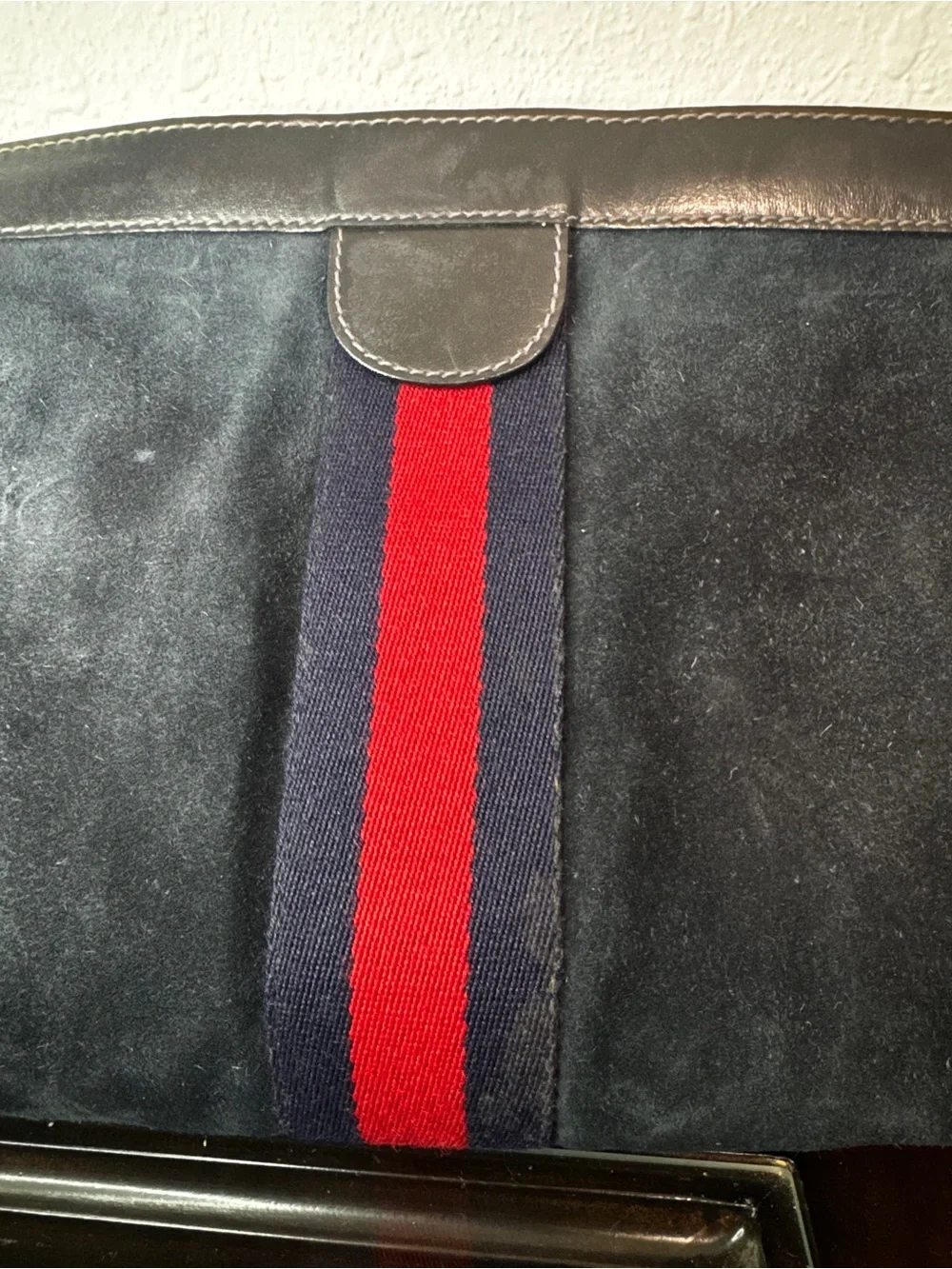 Gucci Navy Suede Toiletry Bag with Red Center Stripe